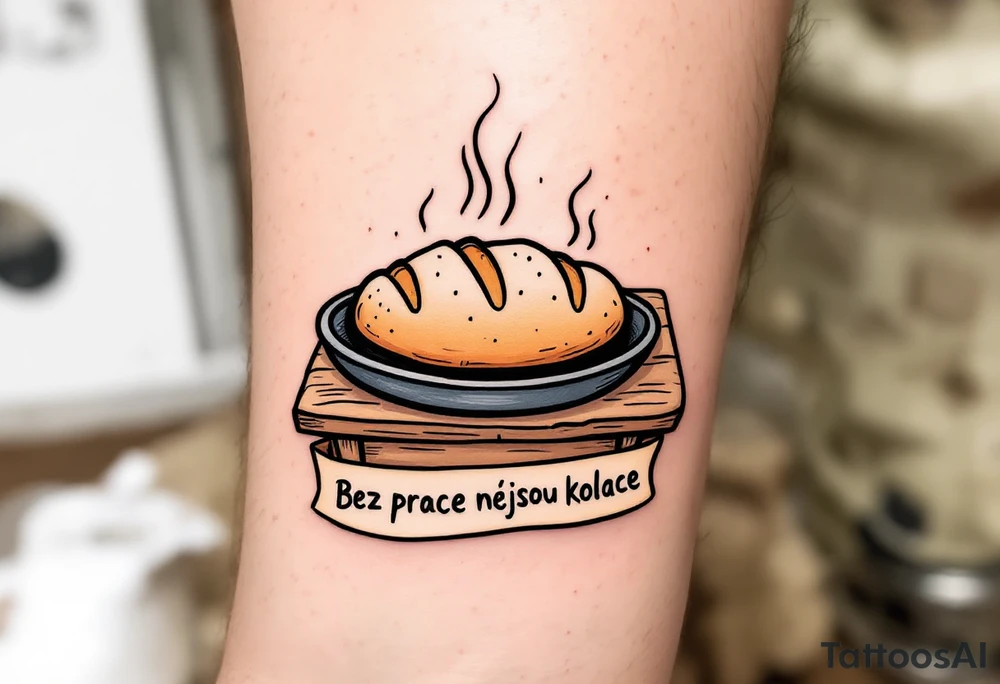 "Bez prace nejsou kolace." — A traditional loaf of bread steaming over a rustic table, inked in sepia tones, with the quote in banner style underneath. tattoo idea