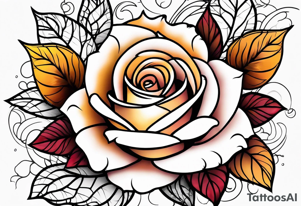 sleeve tattoo in fall colors with roses background swirls, leaves tattoo idea