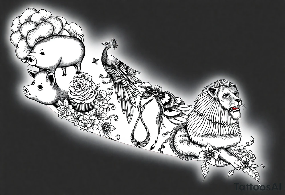 Storm clouds, pig, peacock , fat sexy naked fat woman, cupcakes, noose , money, goat, lion, couple having sex, cigerette storm lightening, killing, darkness tattoo idea