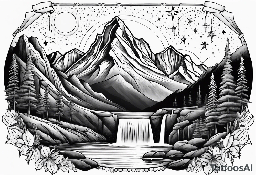 mountains, nature, stars, cross, waterfall, water tattoo idea