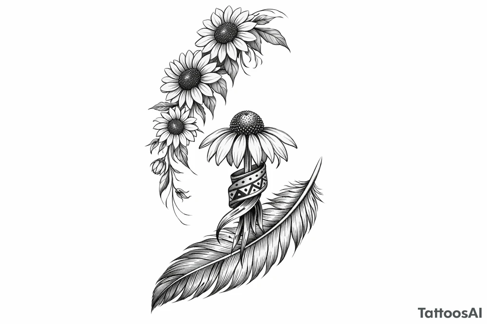 cascading sunflowers 1 coneflower wrapped in simple Native American ribbon on top of a feather tattoo idea
