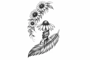 cascading sunflowers 1 coneflower wrapped in simple Native American ribbon on top of a feather tattoo idea