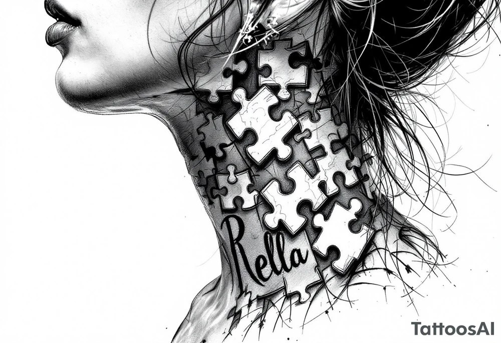side of the neck puzzle piece tattoo where one of the pieces says Rella tattoo idea