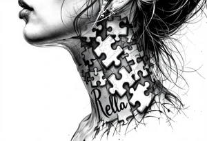 side of the neck puzzle piece tattoo where one of the pieces says Rella tattoo idea