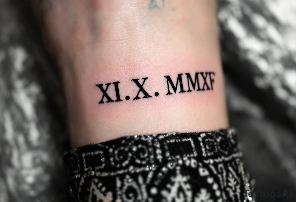 Bold black Roman numerals XII.X.MMXV etched along the collarbone, representing a wedding date in sharp serif font. tattoo idea
