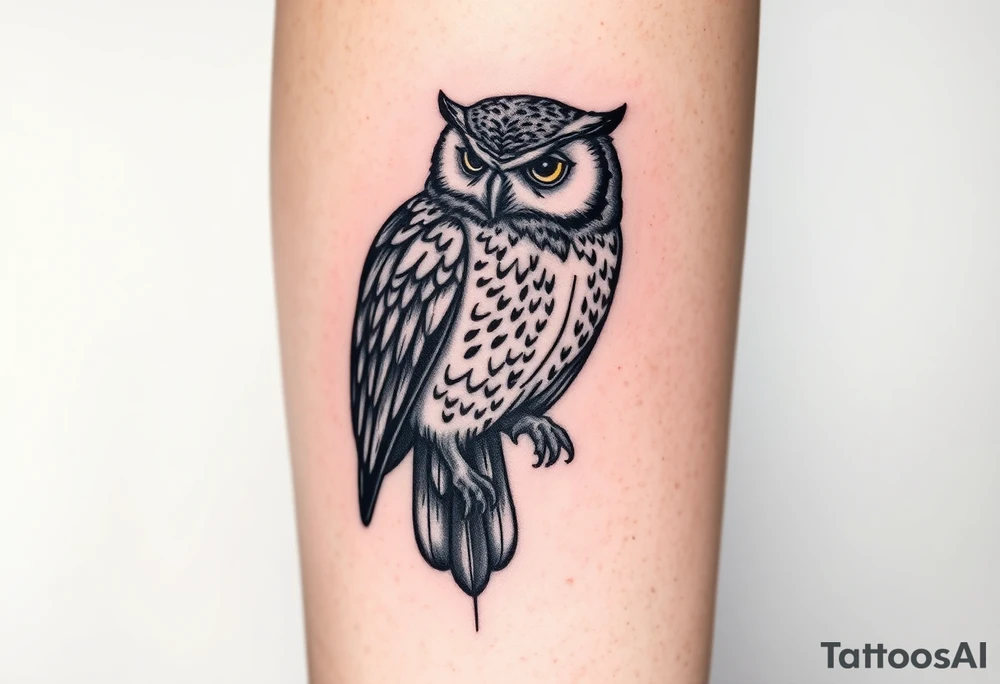 ovo drake owl with time stamp 5:55 behind it like a shadow top to bottom on calf tattoo idea