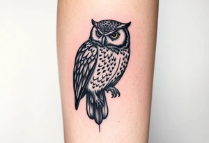 ovo drake owl with time stamp 5:55 behind it like a shadow top to bottom on calf tattoo idea