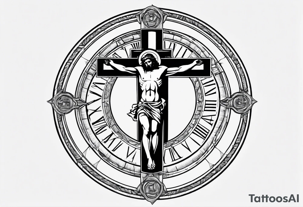 Circle made with Roman numerals, with a crucified man inside the circle tattoo idea