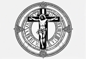Circle made with Roman numerals, with a crucified man inside the circle tattoo idea