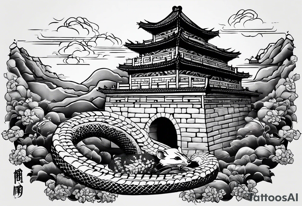 Rat behind Tiger and Snake on the great Wall of China with Temple tattoo idea