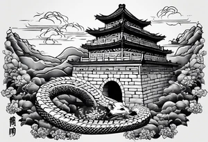 Rat behind Tiger and Snake on the great Wall of China with Temple tattoo idea