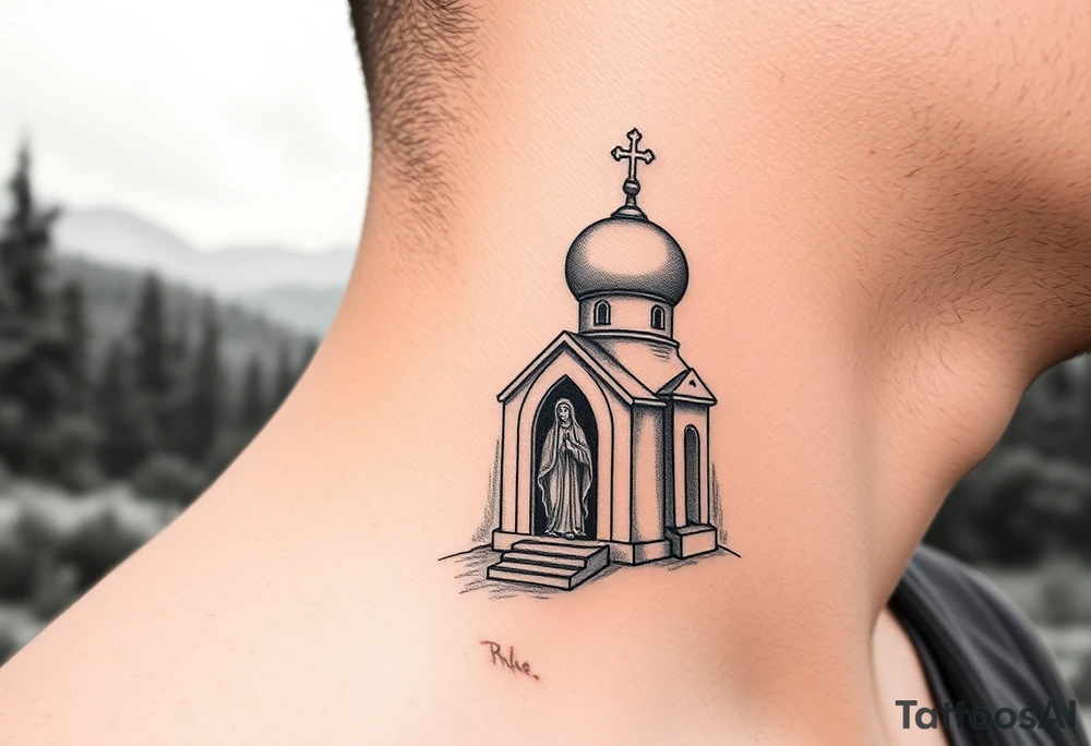 russian design  traditional christian orthodox cross with a virgin mary stood beside the entrance of a russian orthodox dome church on the side of the neck in a wilderness setting tattoo idea