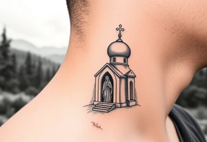 russian design  traditional christian orthodox cross with a virgin mary stood beside the entrance of a russian orthodox dome church on the side of the neck in a wilderness setting tattoo idea