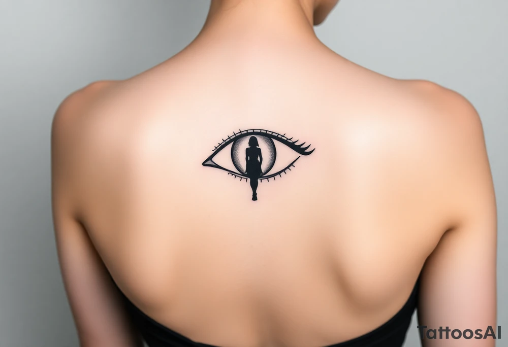 A fine line design featuring an longing eye with the reflection of an ambiguous woman walking away tattoo idea