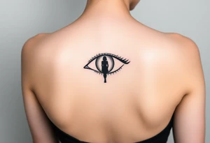 A fine line design featuring an longing eye with the reflection of an ambiguous woman walking away tattoo idea