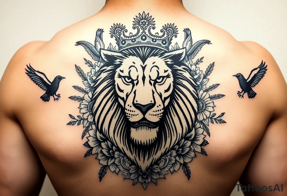 powerful majestic lion with a crown, surrounded by floral ornaments and birds tattoo idea