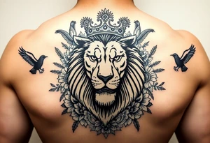 powerful majestic lion with a crown, surrounded by floral ornaments and birds tattoo idea
