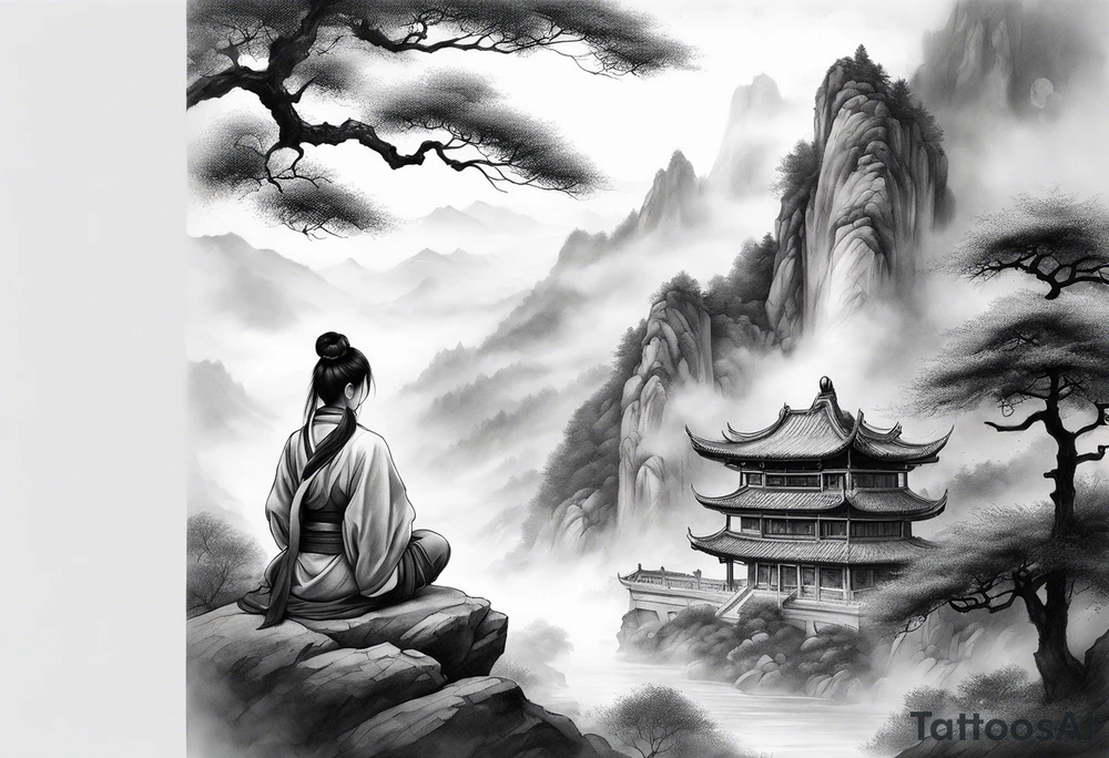 forearm sleeve traditional chinese art painting style autumn mountains mist fog water Chinese temple female with pony tail wearing robes seated meditating far off in the distance tattoo idea