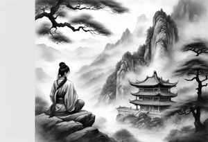 forearm sleeve traditional chinese art painting style autumn mountains mist fog water Chinese temple female with pony tail wearing robes seated meditating far off in the distance tattoo idea