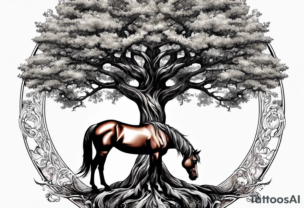 Realistic Horse and Yggdrasil tree tattoo idea