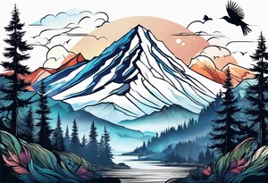 A mountain scape with trees. 5 silhouettes of birds. tattoo idea