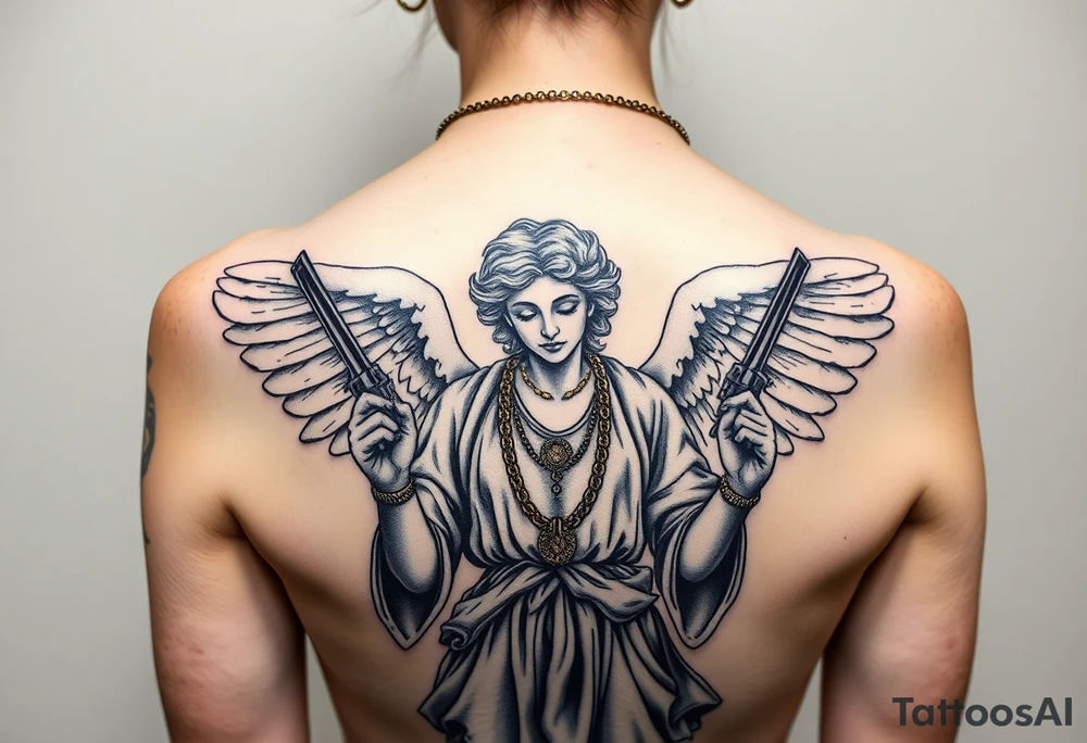 old angel statue in criminal style, tattooed and at the same time contemporary, weapons in hand, gangster-style gold necklaces tattoo idea