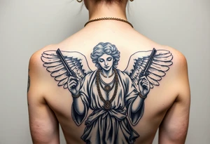 old angel statue in criminal style, tattooed and at the same time contemporary, weapons in hand, gangster-style gold necklaces tattoo idea