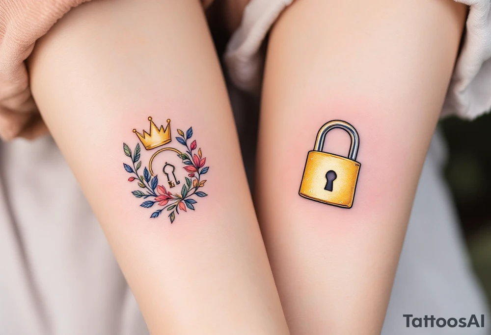 Matching tattoos of gold lock and key, one with a tiny crown, the other with a crown-shaped hole. tattoo idea