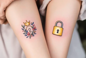 Matching tattoos of gold lock and key, one with a tiny crown, the other with a crown-shaped hole. tattoo idea