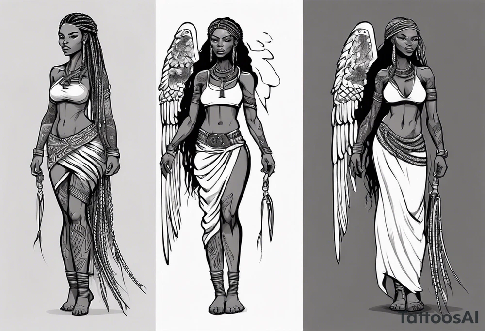 African female Viking  angel full body 
slim long face small mouth long braided hair tattoo idea