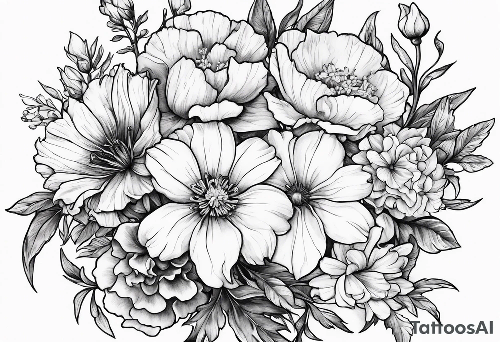 Bouquet Simple Tattoo of larkspur, carnation, violet, daisy tattoo idea