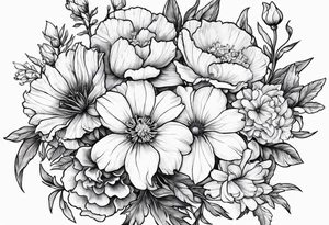 Bouquet Simple Tattoo of larkspur, carnation, violet, daisy tattoo idea