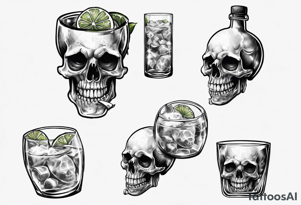 A smiling looking to the left scull inside the glass with alcohol and piece of lime tattoo idea
