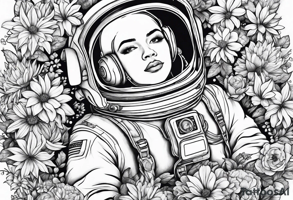 Astronaut laying in flowers tattoo idea