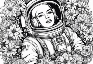 Astronaut laying in flowers tattoo idea