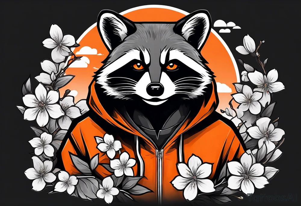 Raccoon wearing a white Superman logo on a black hoodie and orange Japanese cherry blossoms tattoo idea
