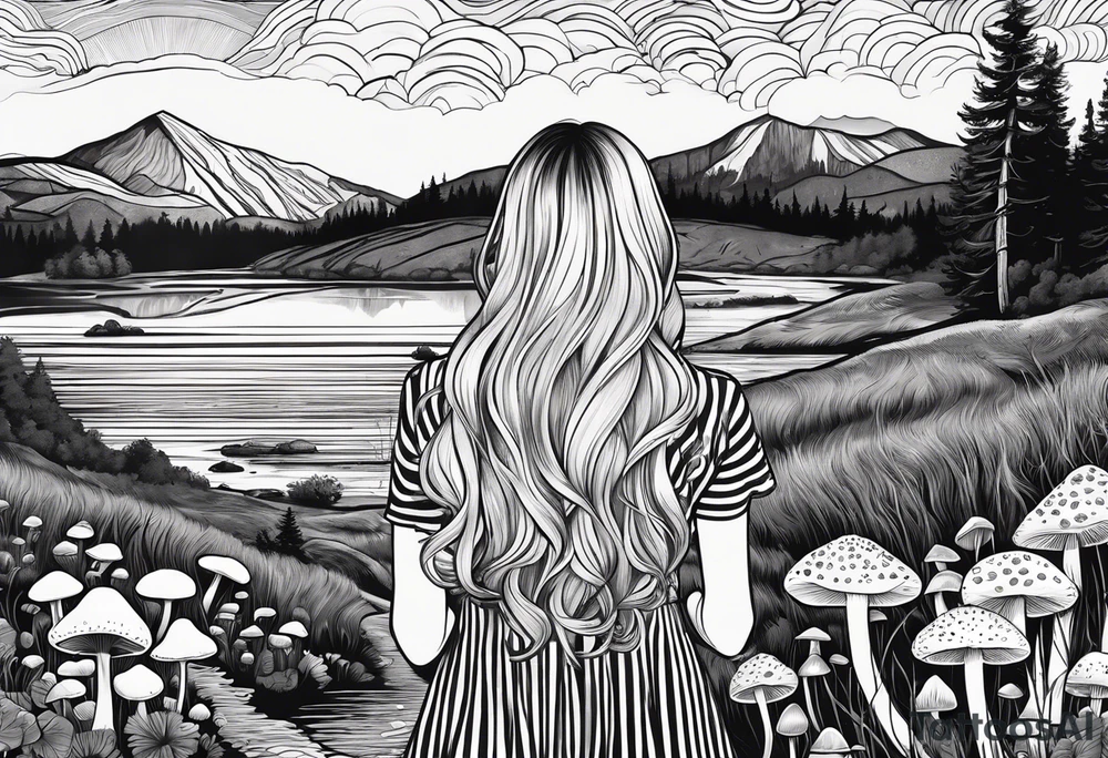 Straight long blonde hair girl in distance holding mushrooms in hand facing away toward mountains and creek surrounded by mushrooms black and white striped dress tattoo idea