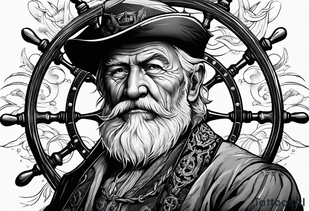 Old man turning ships wheel in a storm tattoo idea