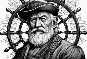 Old man turning ships wheel in a storm tattoo idea