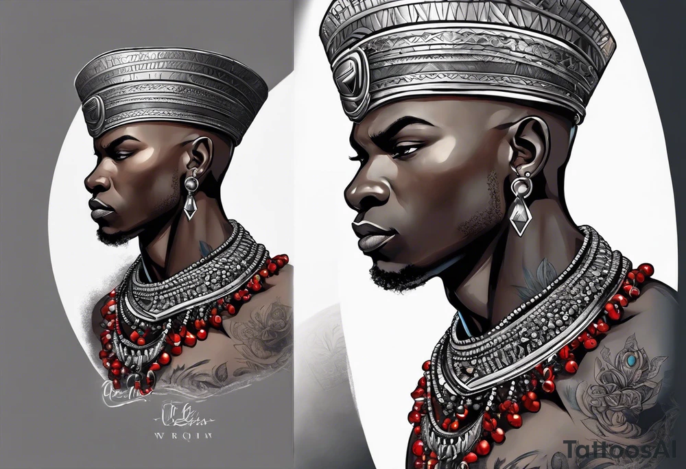 Black-skinned bald african warrior. He wears  a small silver crown. He wears two simple necklaces: one blue, other red. tattoo idea