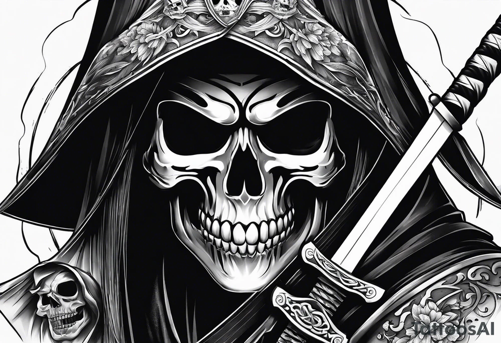 katana with grim reaper and skull tattoo idea