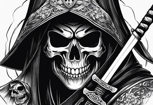 katana with grim reaper and skull tattoo idea