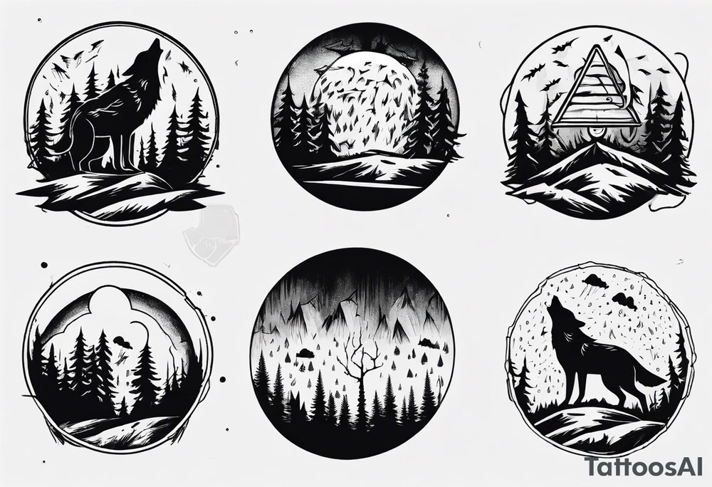 thunderstorm over a forest with a wolf howling on drums tattoo idea