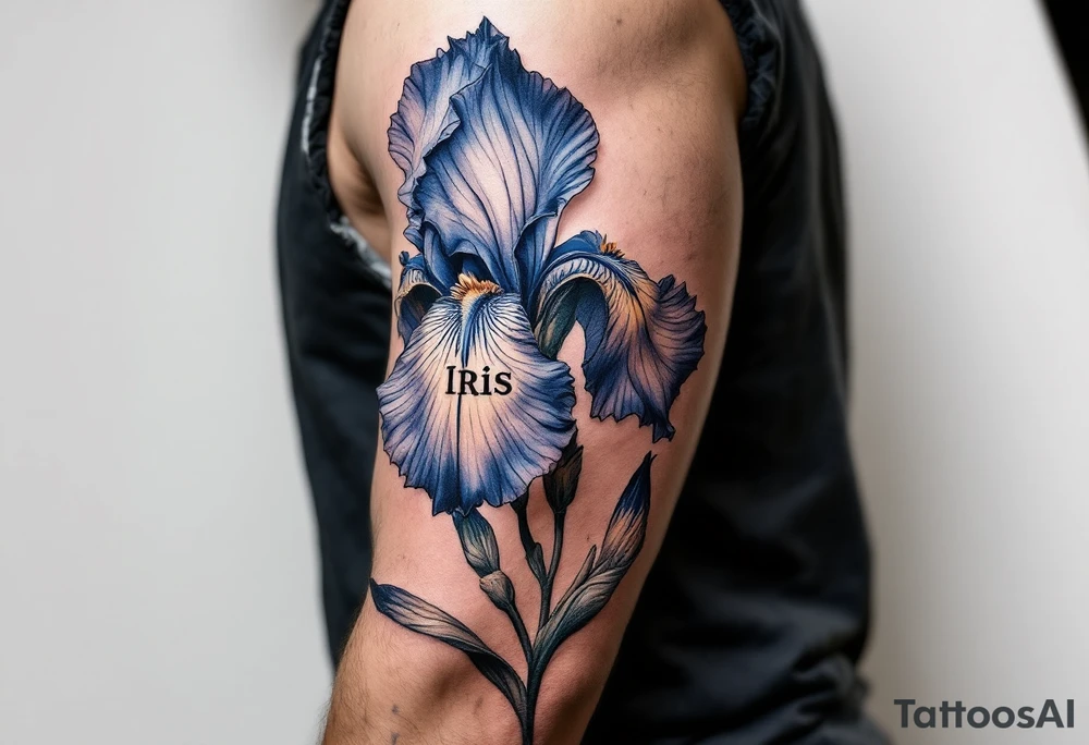 big iris flower with the name “IRIS” written in the stem of the flower in cursive on the outside of the forearm tattoo idea