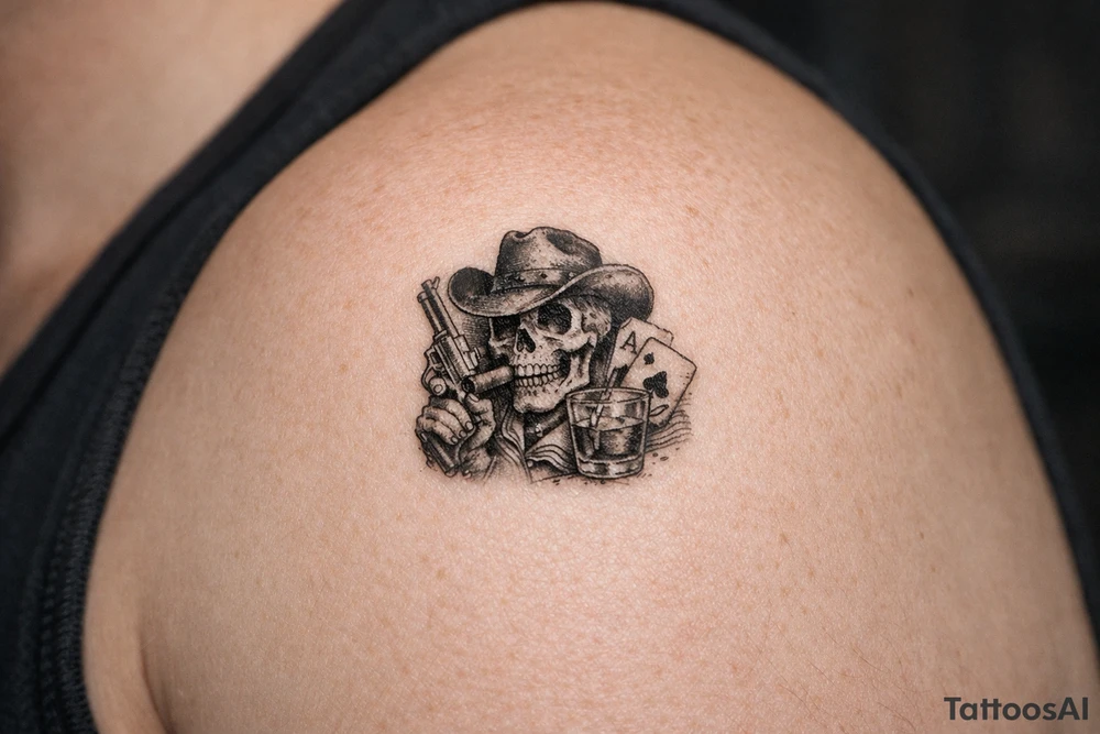 skull with cowboy-hat, cigar in his mouth, a gun in a hand, playing cards, whiskey-glass. tattoo idea