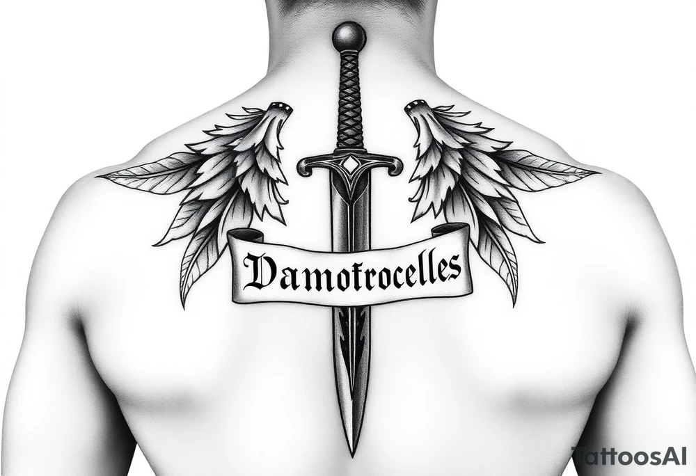 Please generate Polynesian style tattoos for me.
The sword should cover my back from top to bottom, passing over my spine with great relief and detail, surrounded by a parchment written in fine italic letters “Sword of Damocles”. tattoo idea