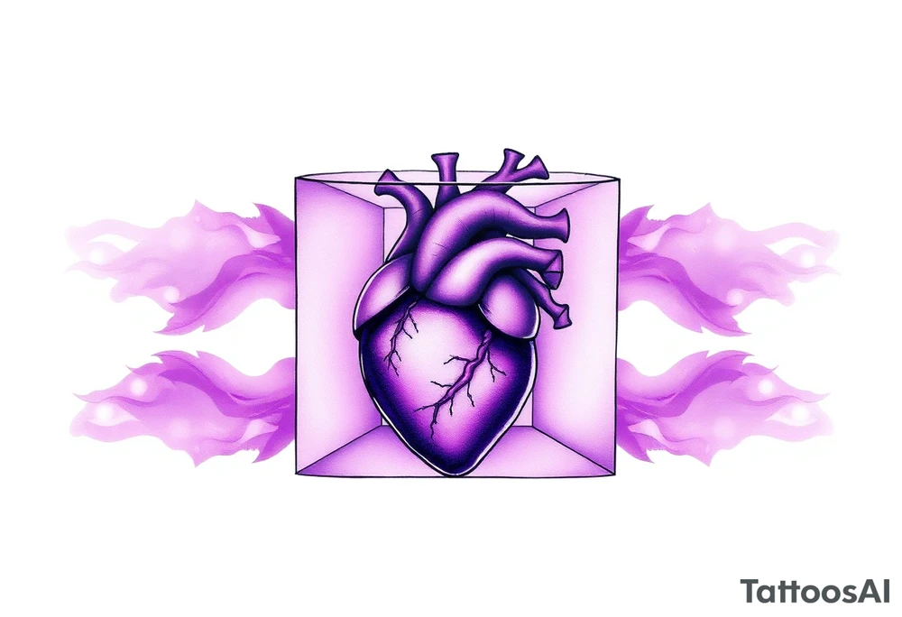 A translucent purple cube with an anatomical heart inside tattoo idea