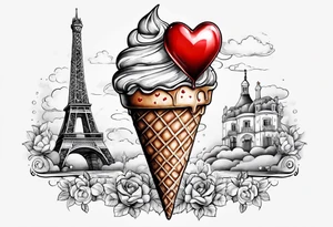 small ice cream cone with small red heart on it somewhere while representing Paris tattoo idea