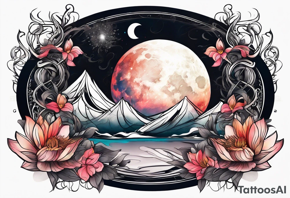 Moon surrounded by ribbons of smoke that dissolve into a lotus tattoo idea