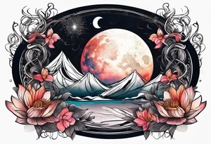 Moon surrounded by ribbons of smoke that dissolve into a lotus tattoo idea